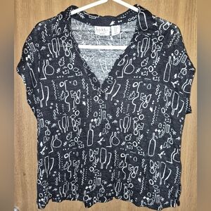 Nicole Miller Linen Blouse Shirt  XL  Short Sleeve Wine Vacation Mediterranean